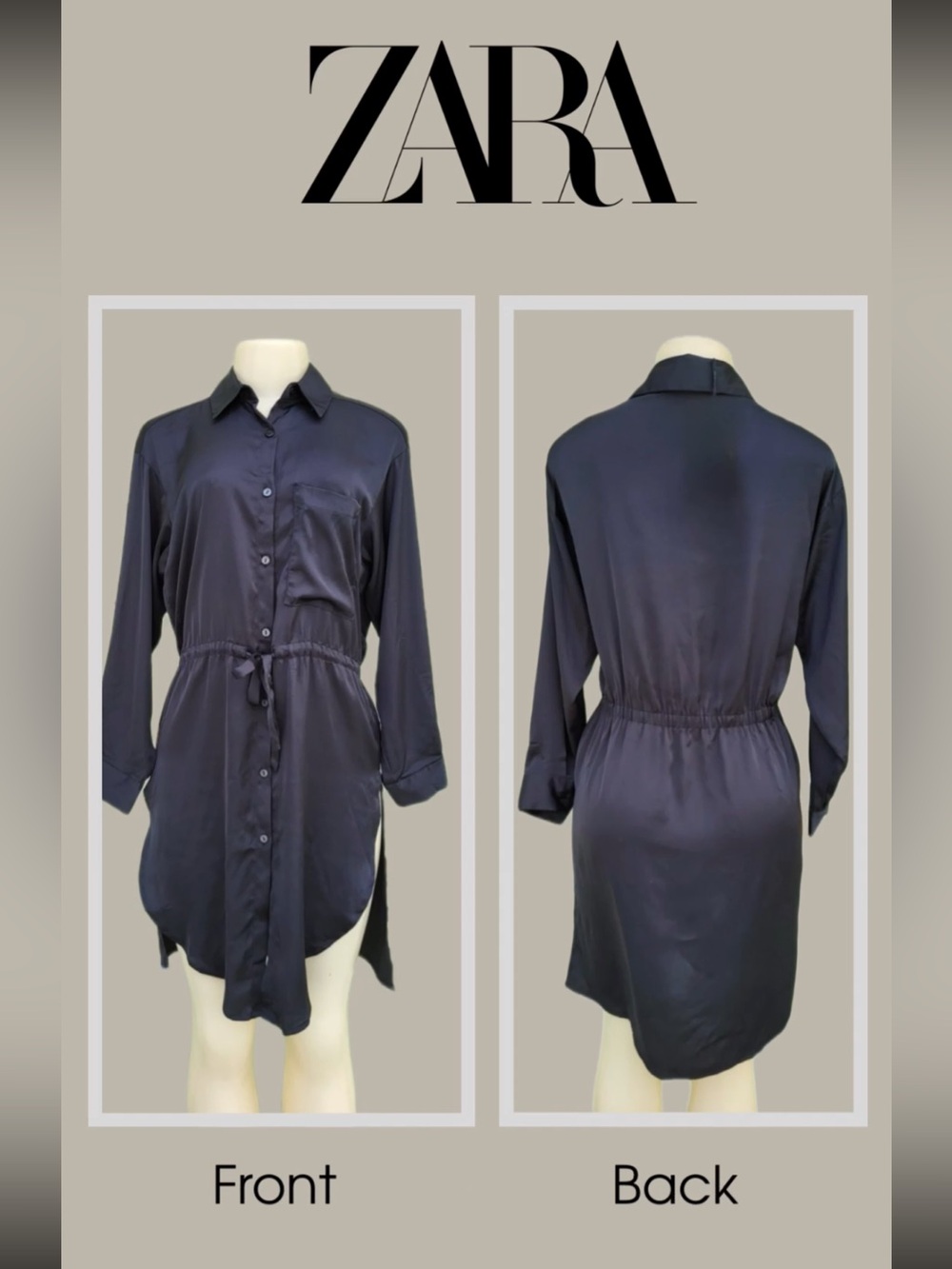 Zara Satin Shirt Dress Black Button Front Tie Waist Size XS